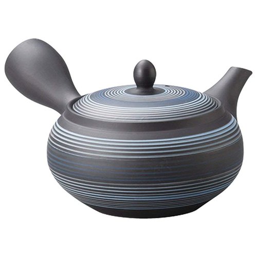 Japanese Kyusu Tokoname Handmade Clay Teapot 8.7 Fluid Onces Hakuyou Blue Color Lines Pattern L638 (Single Pack)