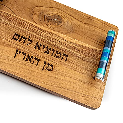 Yair Emanuel Wooden Challah Bread Cutting Board for Shabbat and Yom Tov | Multicolored Serving Handles (Blue CBM-2)
