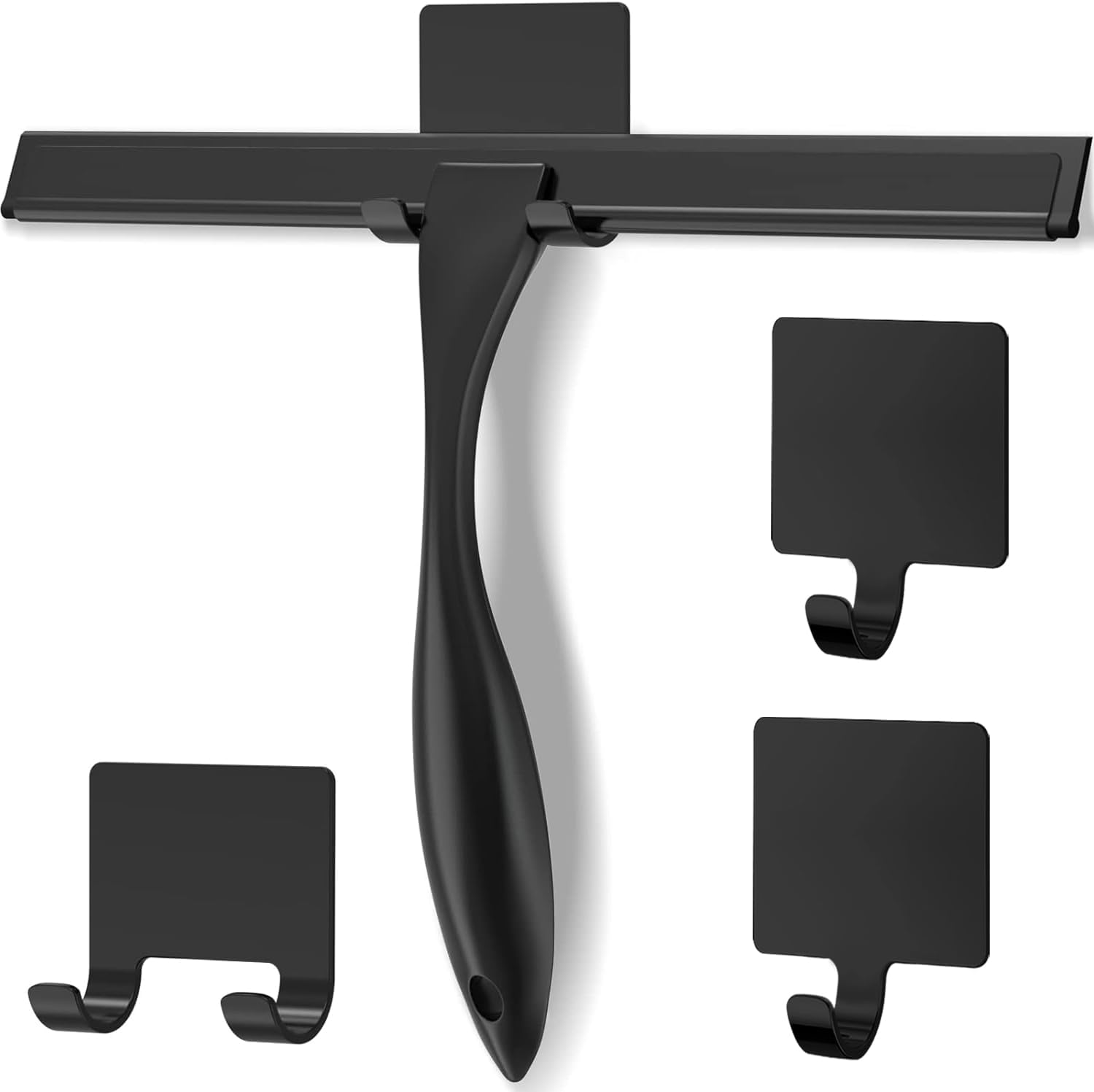 Skiennix Stainless Steel Shower Squeegee - 12 Inch Black with 3 Adhesive Hooks for Glass & Tiles