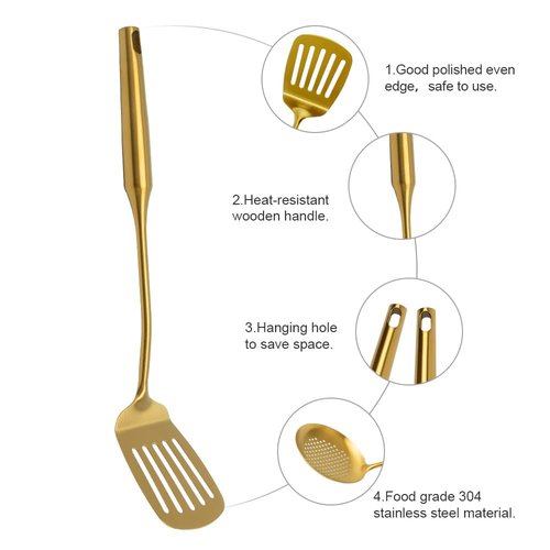 VALESKA 304 Stainless Steel Kitchen Utensils Set(Gold-13PCS),Include slotted spoon stainless steel, metal cooking slotted spoon, metal pasta spoon and etc,Easy to Clean