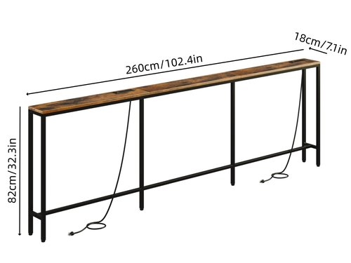 FLORIHOMA 102.4" Behind Couch Table with 2 Fast Charging Stations, 7.1" Narrow Skinny Sofa Table with 4 Power Outlets, 4 USB-A, 2 USB-C for Console Entryway, Rustic Brown