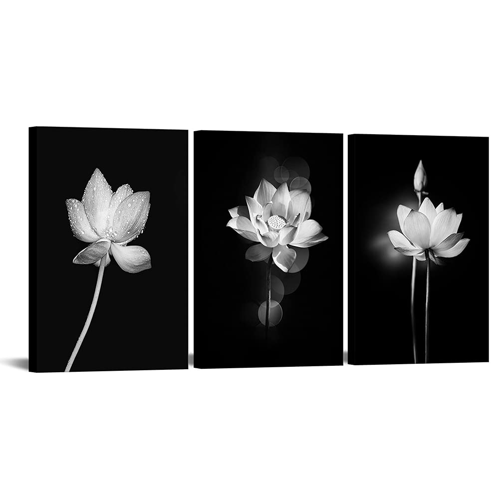 Canvbay 3 Panels Lotus Artwork Black and White Elegant Flower Canvas Wall Art Print Blooming Floral Picture Framed Water Lily Zen Painting for Home Bedroom Decor Ready to Hang 16x24inchx3pcs