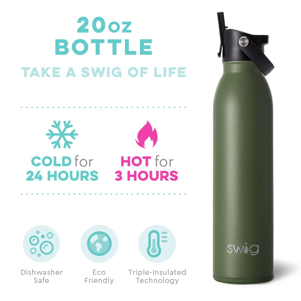 Swig Life 20oz Insulated Water Bottle, Travel Water Bottle with Straw and Lid, Cup Holder Friendly, Stainless Steel (Matte Olive)