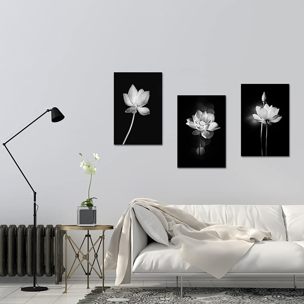 Canvbay 3 Panels Lotus Artwork Black and White Elegant Flower Canvas Wall Art Print Blooming Floral Picture Framed Water Lily Zen Painting for Home Bedroom Decor Ready to Hang 16x24inchx3pcs
