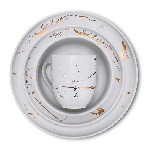 Stone Lain Porcelain 16 Piece Dinnerware set, 4 Full White Gold Splash Sets