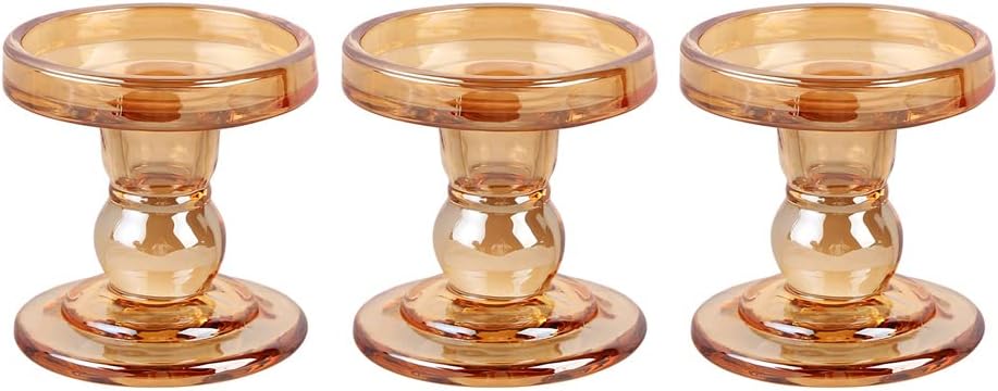 Skiennix Glass Candlestick Set - Elegant Crystal Holders for Christmas & Weddings | Amber, 3 Pieces