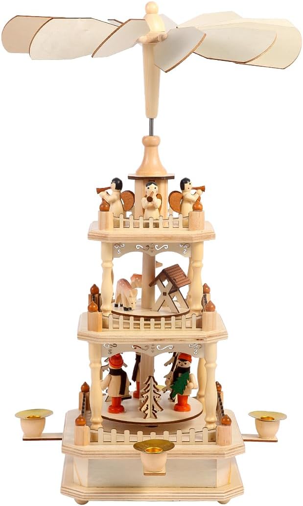 Rotating Christmas Pyramids - 18-Inch Wood Nativity Scene Set with 4 Candle Holders | 3-Tier Carousel