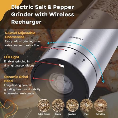 ICE ARMOR Electric Salt and Pepper Grinder, Set of 3 with Wireless Charging Base, Stainless Steel, Rechargeable Automatic Pepper Mill, Adjustable Coarseness, Easy to Use & Clean, Perfect Kitchen Gift