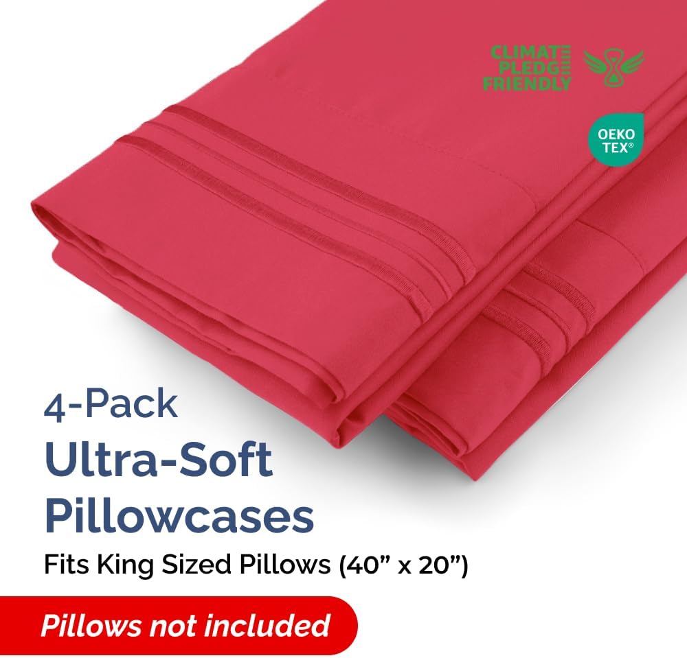 CGK Unlimited King Size Microfiber Pillowcase Set - Soft & Durable | 4 Pieces in Red