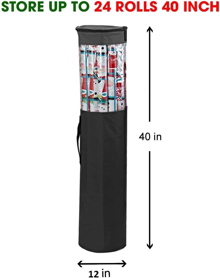 ProPik Wrapping Paper Storage Organizer Bag - Heavy Duty 40 Inch, Holds 24 Rolls, Zippered Top & Handles | Black
