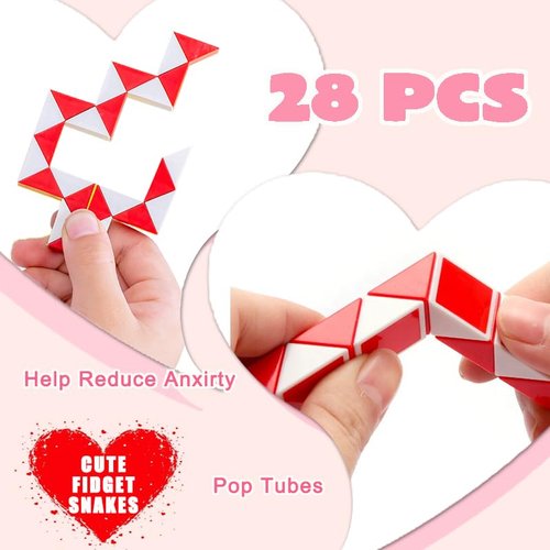 28 Pack Valentine's Day Gifts for Kids Snake Twist Puzzle Toys Magic Stress Relief Fidget with Greeting Cards, Boys and Girls Classroom Exchange Prizes Party Favour