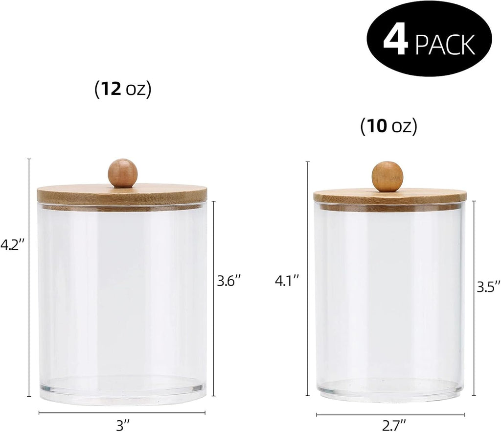 Tbestmax Cotton Swab Holder Dispenser - 4 Pack Clear Plastic Apothecary Jars with Bamboo Lids (12oz, 10oz)
