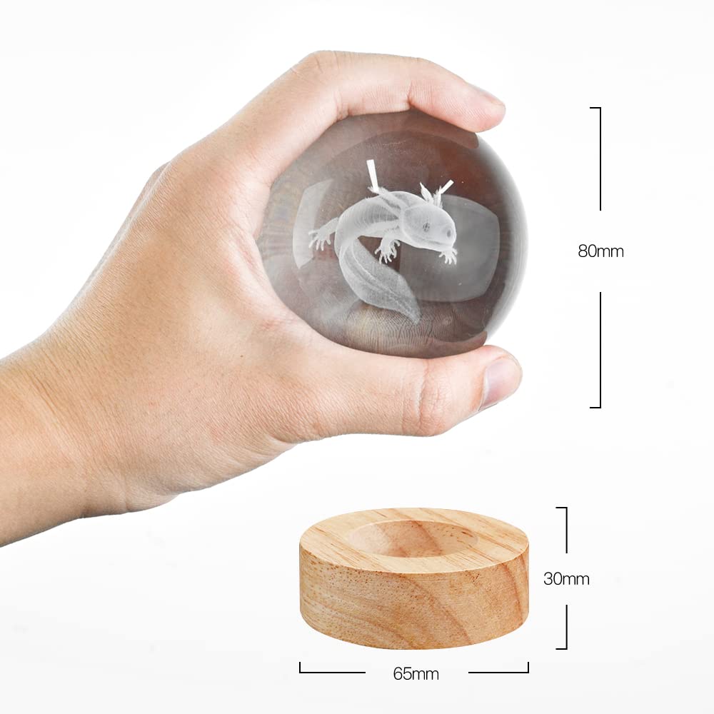 YYLZEPHB 3D Axolotl Crystal Ball Night Light with 16 Color LED Wooden Base, Upgraded 3.15 Inch Axolotl Glass Ball Lamp with Remote Control Cool Desk Decor Gifts for Kids Girls Boys Friends Fans
