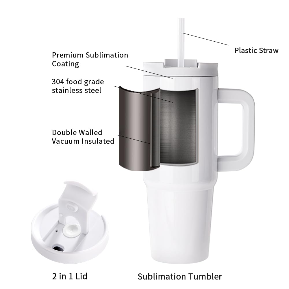 PYD Life 4 Pack Sublimation Tumblers 30 OZ with Removable Handle White Blanks Stainless Steel Cups Mugs with Lid and Plastic Straw for Tumbler Heat Press Sublimation Oven Printing