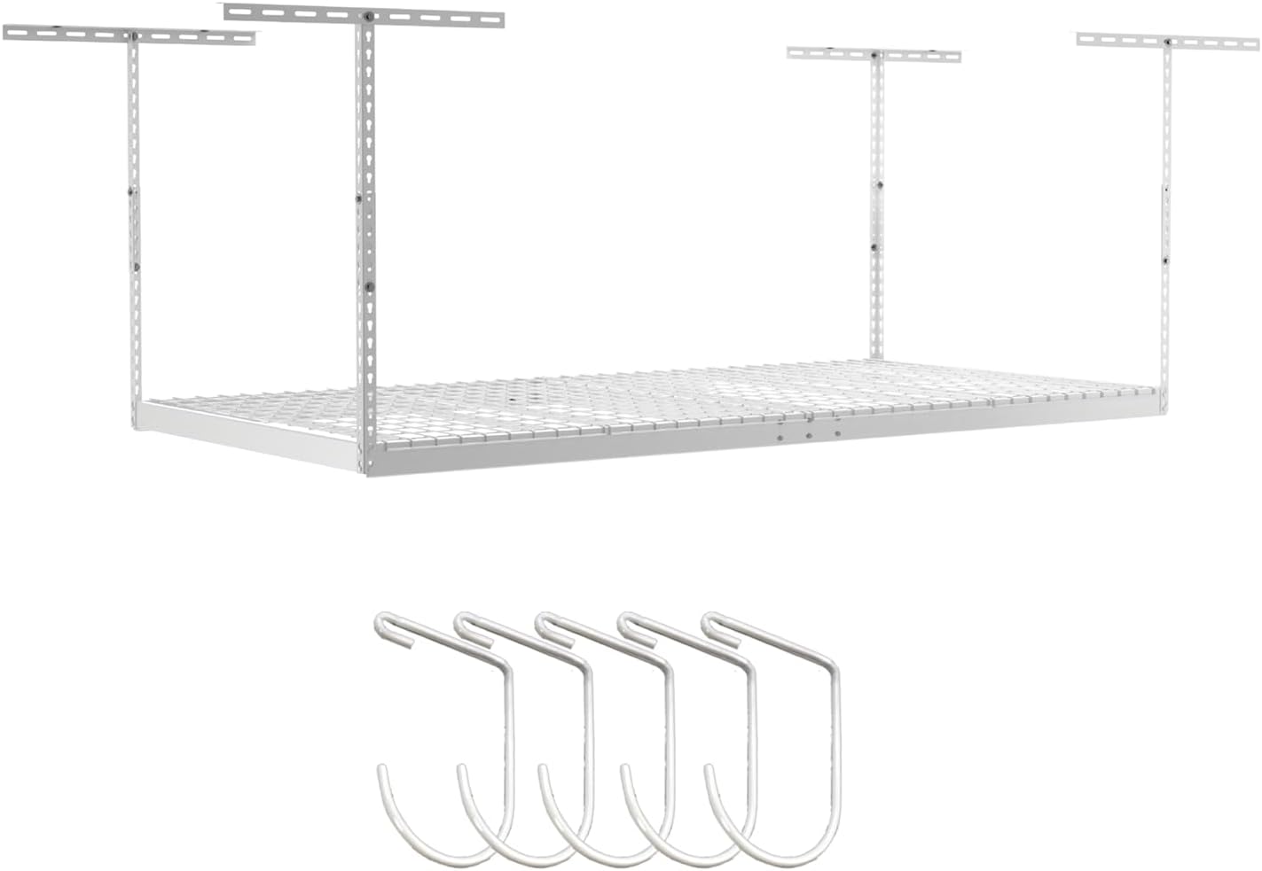 SafeRacks Overhead Storage Rack - Adjustable 4 ft x 8 ft | Height 24 in - 45 in, White with 5-Piece Hook Set