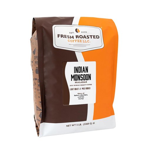 Fresh Roasted Coffee, Indian Monsoon Malabar, 5 lb (80 oz), Light Roast, Kosher, Whole Bean