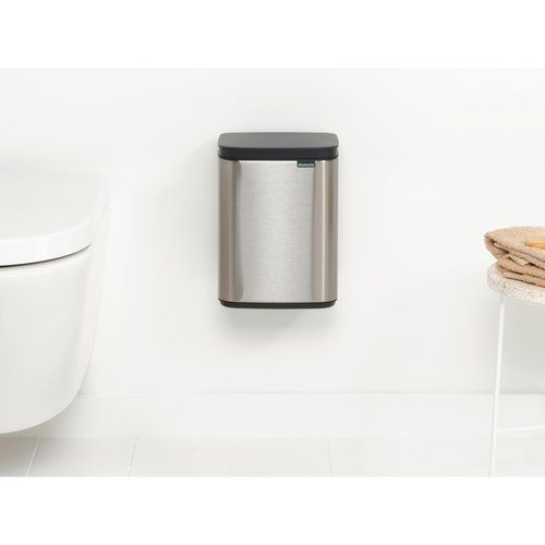 Brabantia Bo XS Lift Open Trash Can | 1.1 Gal / 4L | Matt Steel FPP | Wall-Mountable/Free Standing Bedroom, Bathroom, Nursery Trash Can, Removable Inner Bucket, Non-Slip Base | + Trash Bags