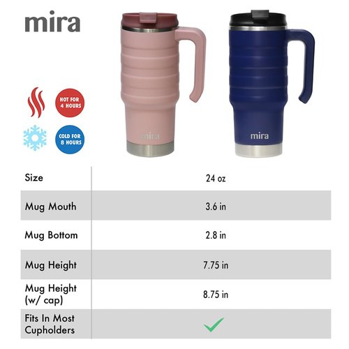 MIRA 24 oz Insulated Travel Mug - Stainless Steel Coffee Cup with Spill-Proof Flip Lid & Handle - Hot/Cold Car Tumbler - Marine