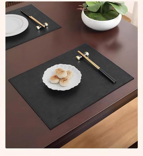 Black Faux Leather Placemats Set of 6, Waterproof Kitchen Blue Table Mats for Dining, Reversible PU Placemats in Crazy Horse Look, Oilproof Wipeable Bridle Leather Placemat for Office 12x18 Inch