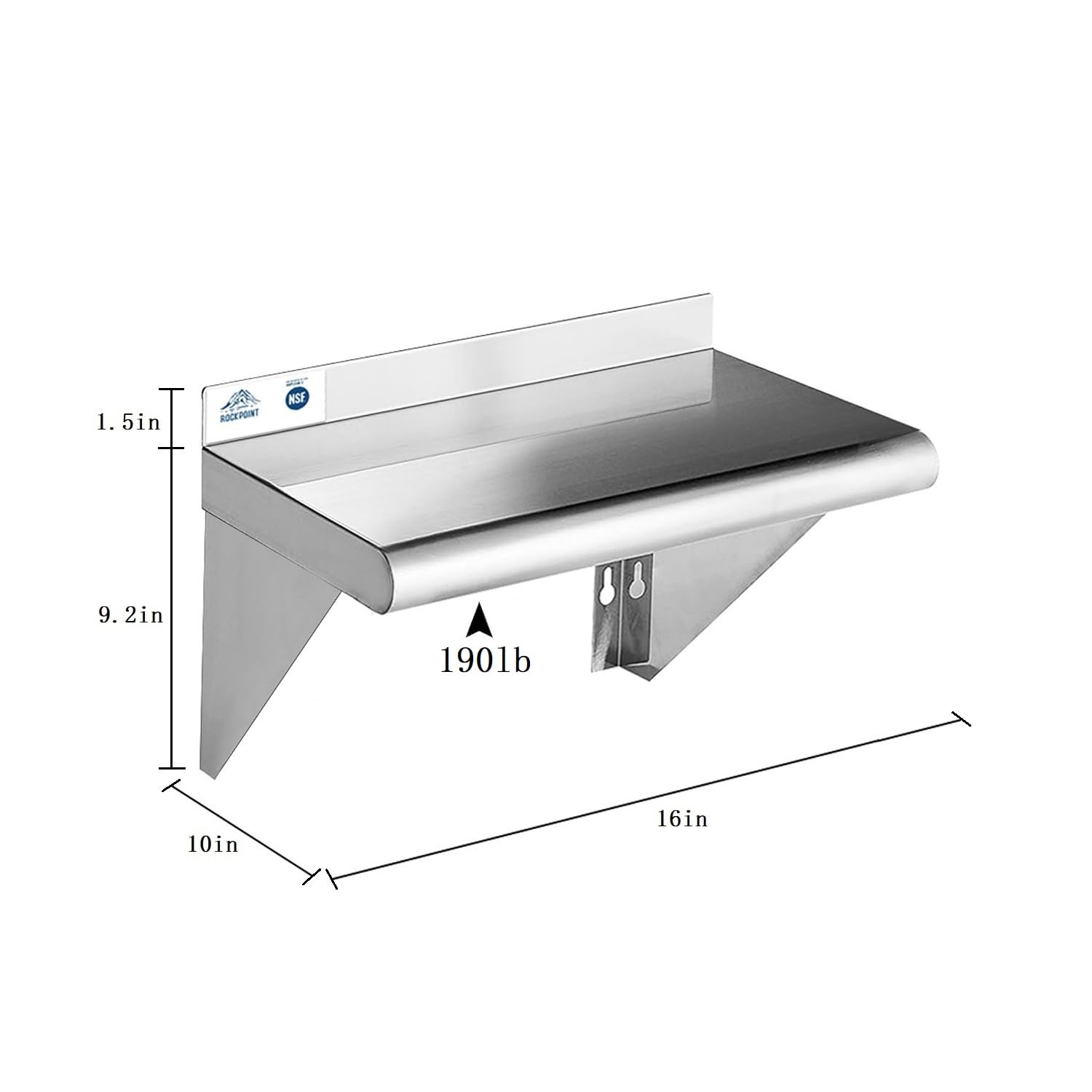 ROCKPOINT Stainless Steel Shelf 10 x 16 Inches 190lb, 2 Pack NSF Metal Commercial Shelves Wall Mount Floating Shelving with Backsplash for Restaurant, Kitchen, Home and Hotel, Silver