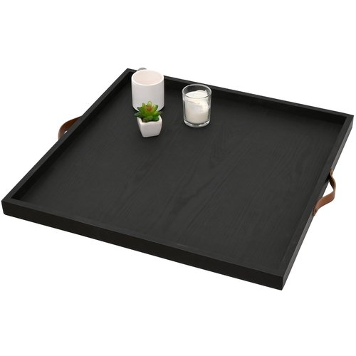SwallowLiving 24 x 24 Inches Extra Large Square Wood Ottoman Tray with Leather Handles, Wooden Natural
