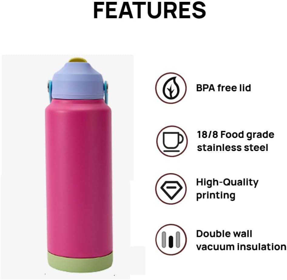 Skiennix 32 Oz Insulated Water Bottle - Leak-Proof Stainless Steel with Flip-Top Straw Lid | Raspberry