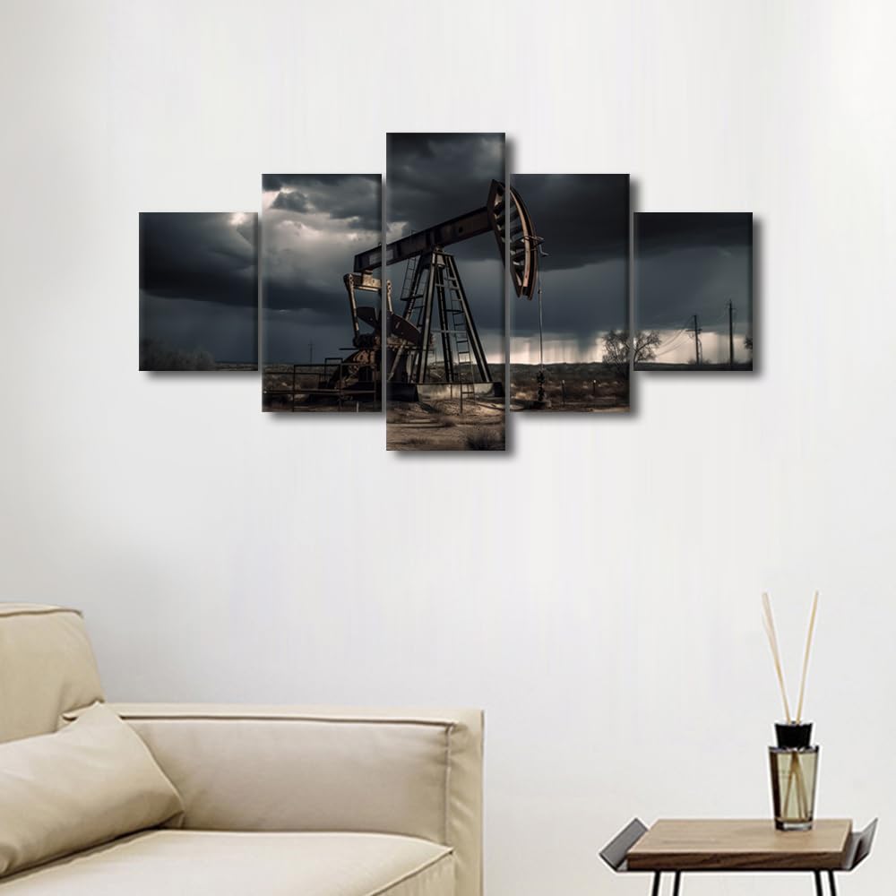 TUMOVO Wall Art for Living Room 5 Panel Industry Drill Platform Crude Oil Production From the Ground Posters and Prints for Home Hotel Office Wall Decorations, Ready to Hang, 60" Wx32 H