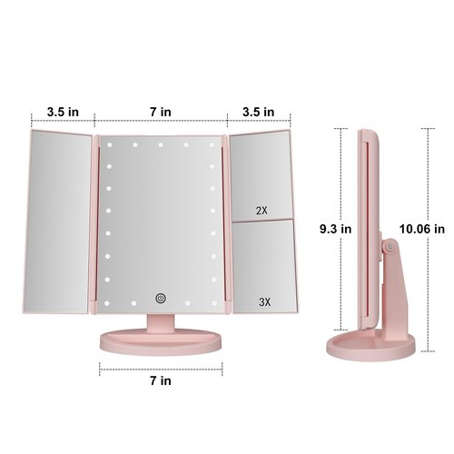 Infitrans Trifold Makeup Mirror Vanity Mirror with Lights,1X 2X 3X Magnification,Touch Control,Adjustable Rotation,Dual Power Supply,Portable Travel Cosmetic Mirror,Birthday Gifts for Women,Teengirls
