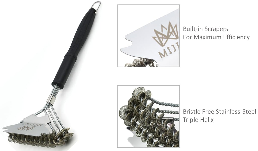 MIJIG Bristle-Free Grill Grate Cleaning Brush and Scraper with Stainless Steel Triple Helix Head (Safe for Charcoal, Gas, Electric, and Porcelain Grills)