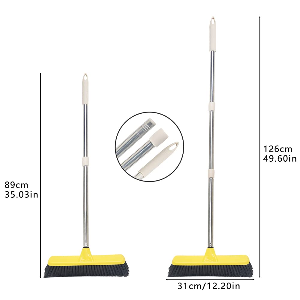 Push Broom with Long Handle, Floor Brush 49.6 inch Soft Bristle Broom 12.2" Wide for Cleaning Bathroom Kitchen Patio Garage Deck Tile Floor