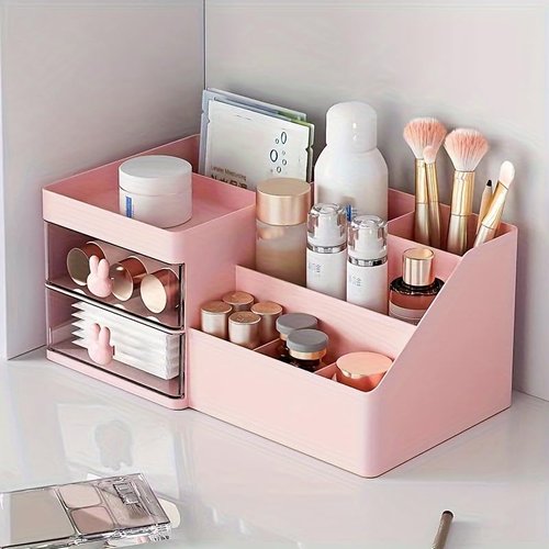 Makeup Organizer With 2 Drawers, Countertop Organizer For Vanity, Bathroom Organizers And Storage, Bathroom And Bedroom Desk Cosmetics Organizer For Skin Care, Brushes, Eyeshadow, Lotions (Pink)