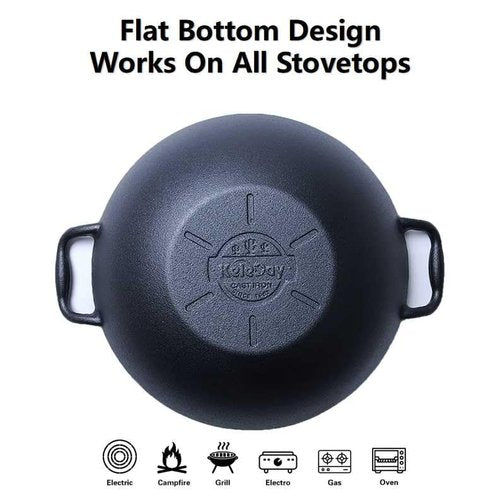 Keleday Flat Bottom Cast Iron Wok with Lid 14 Inch,Pre-Seasoned Best Non Toxic Wok,Chinese Japanese Wok double handle for Induction and Open Fire