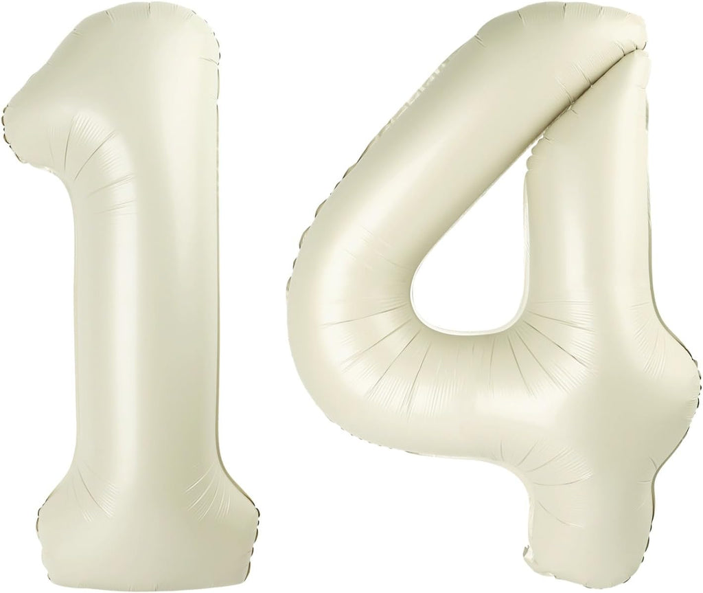 Numbers 14 Balloons - Large 40 Inch Cream Foil Balloons for 14th Birthday & Wedding Decor