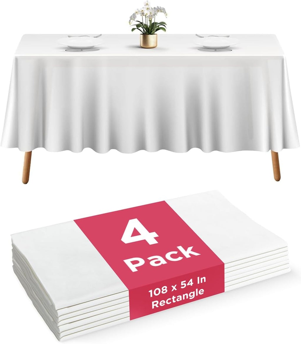 Prestee Disposable Plastic Table Cloths - Heavy-Duty Waterproof 108" x 54" White Rectangle Covers for Events