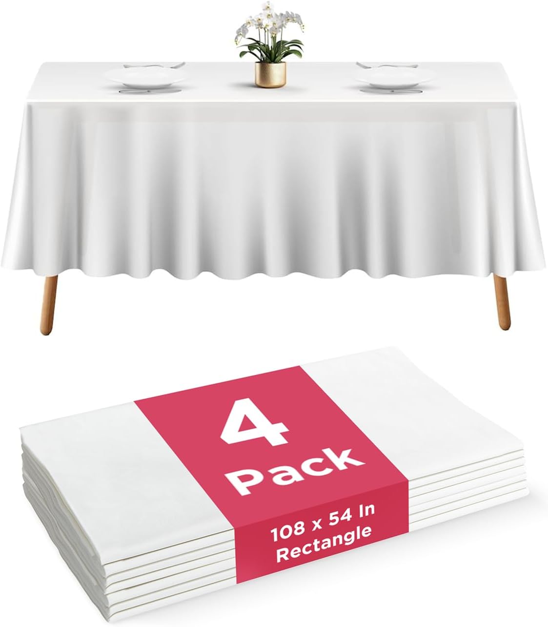 Prestee Disposable Plastic Table Cloths - Heavy-Duty Waterproof 108" x 54" White Rectangle Covers for Events
