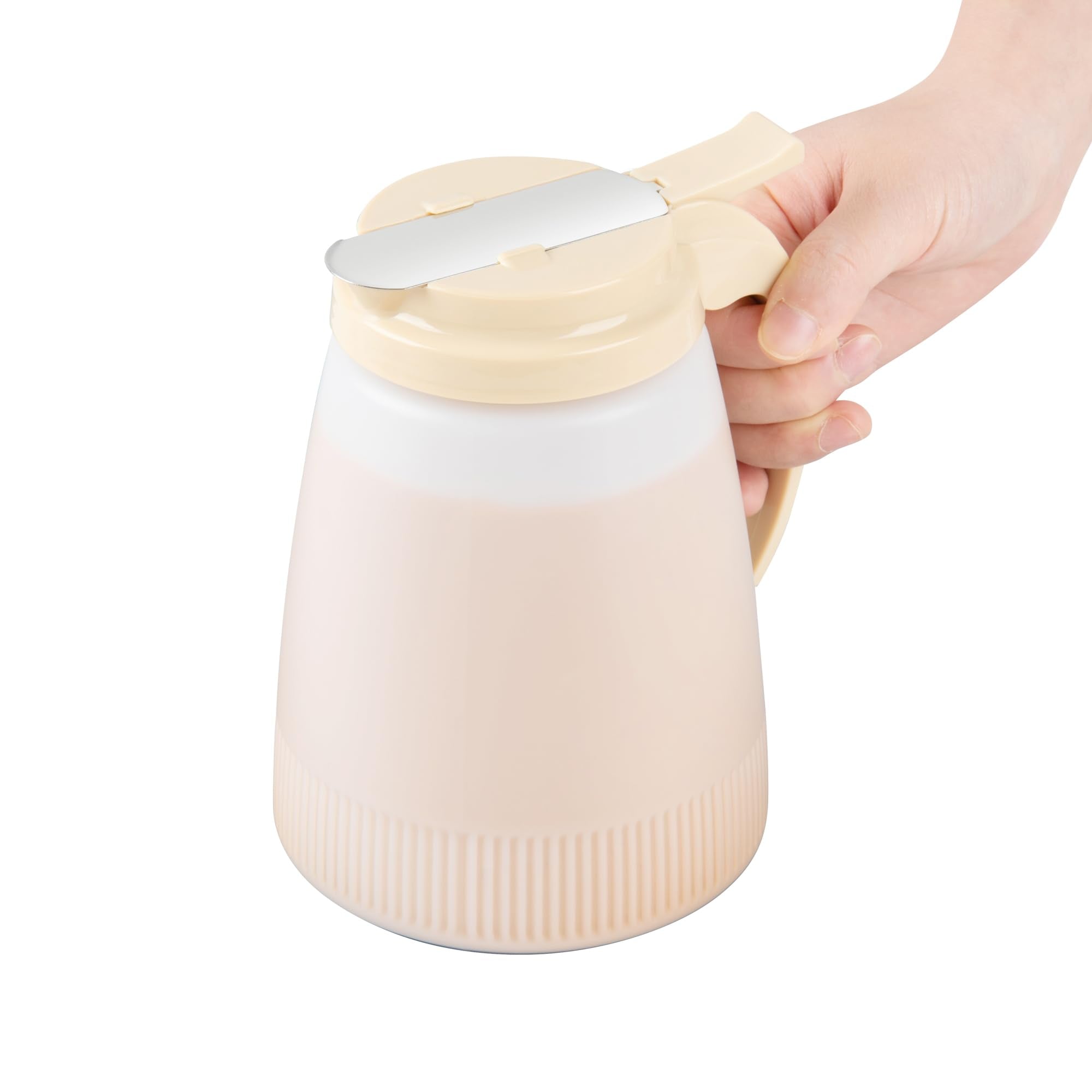 Restaurantware-Chef 101 48 Ounce All Purpose Syrup Dispensers, 10 Honey Dispensers - Beige Top, Stainless Steel Slide Cover, Plastic Pancake Syrup Bottle, Perfect For Diners, Restaurants, Home
