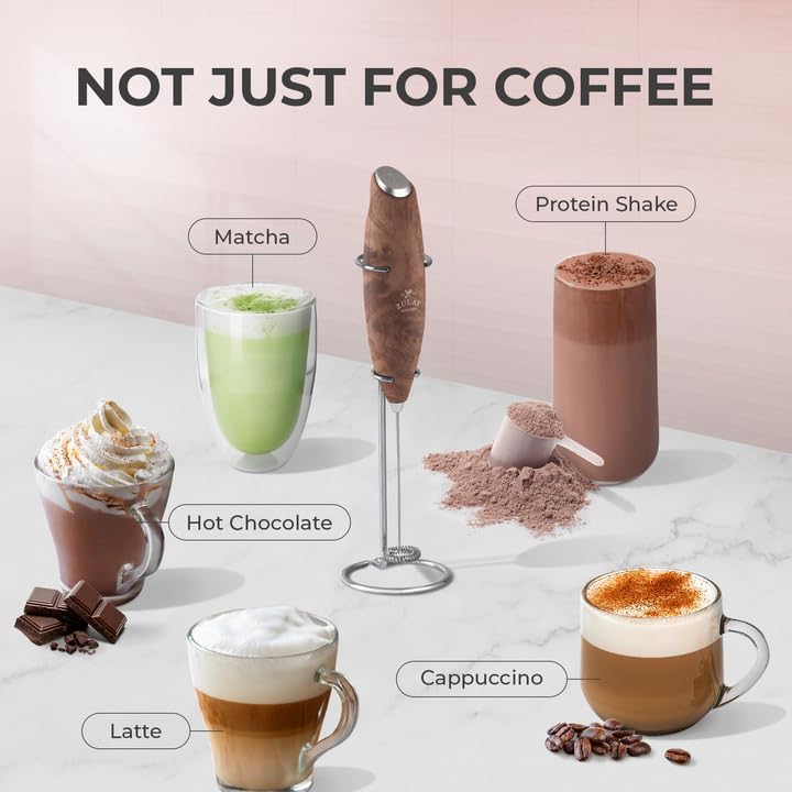 Zulay Kitchen Milk Frother Wand - Ultra Fast Handheld Electric Whisk for Coffee, Lattes & More - Walnut Finish