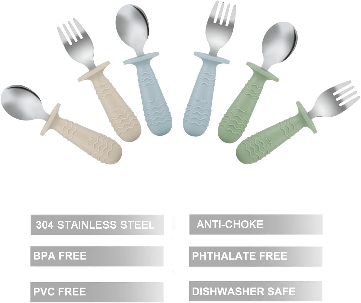 PandaEar Baby Toddler Utensils Set - 6-Piece Silicone & Stainless Steel Silverware | BPA-Free, Anti-Choke Design (Blue, Green, Beige)