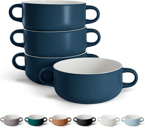 Kook Soup Crocks - Ceramic Bowls for Casserole & Pasta - Oven, Microwave & Dishwasher Safe - 18 oz, Set of 4 (Navy)