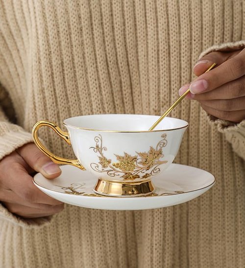 Table Fashion Essentials TFE's Tea Cup and Saucer Set - 6 Pcs Bone China with Vintage Design Gift Set - Coffee Cup and Espresso Cup Set for Any Occasion Including Formal Gatherings (Golden Vines)