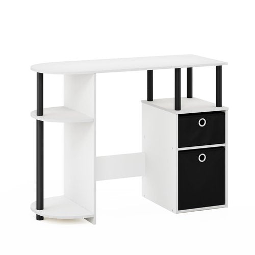 Furinno Jaya Desk, 38.4" Wide Gaming Desk with Bin Drawers, Computer Desk with Side Shelf, Office Desk for Study, Home Office, Bedroom, Dorm, Study Room, White