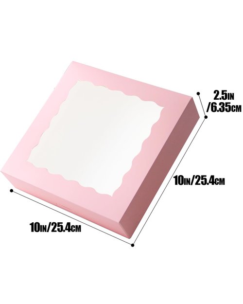qiqee 10x10x2.5 Inch Pink Pie Boxes with Window 12Packs Cookie Donut Bakery Box (Auto-pop Up)