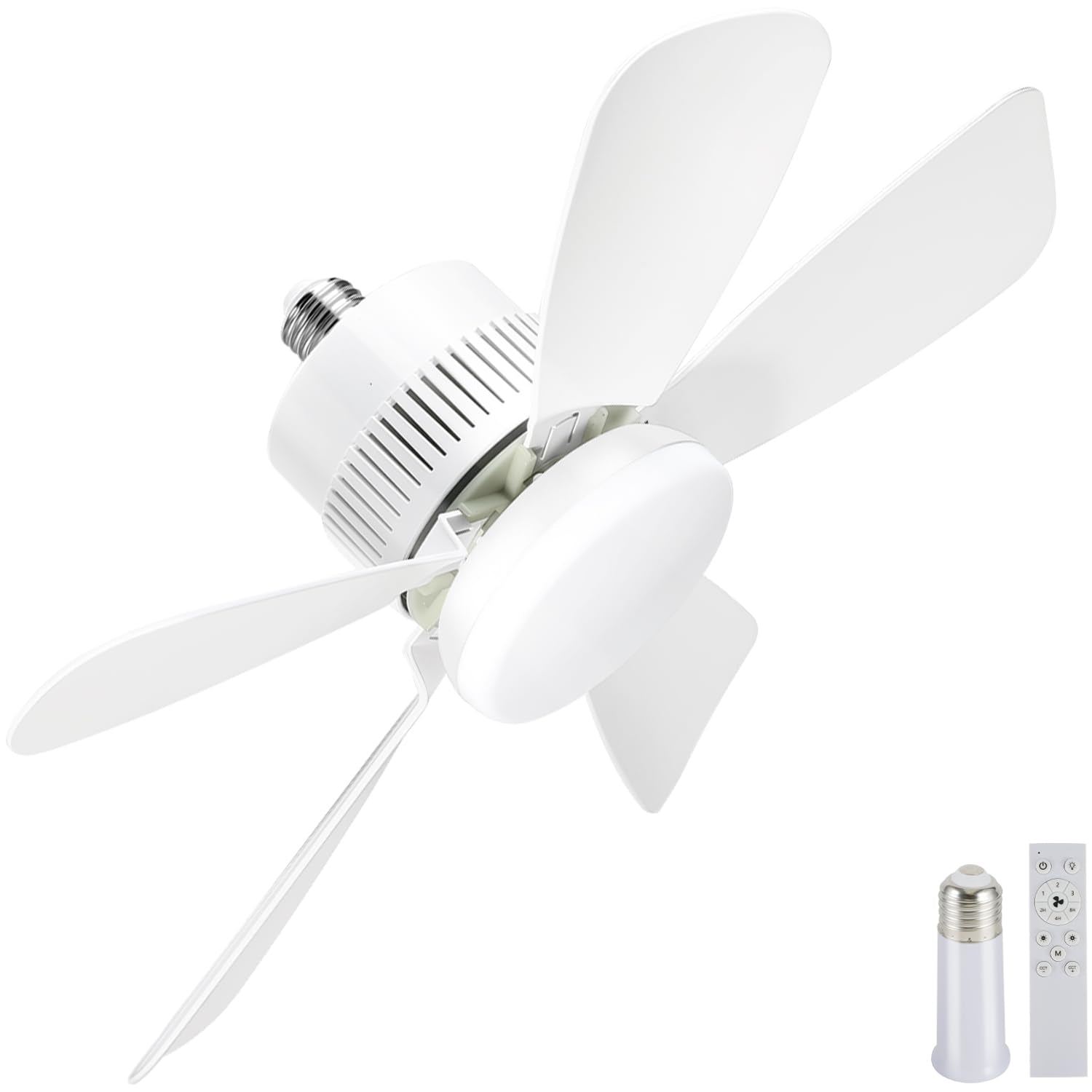 Socket Light Fan with Remote(Pairing Required), Light Socket Ceiling Fan – Turbo Airflow, Whisper Quiet, Memory Save, Smooth Dimming 1000 LM CRI 80+, Screw In Design for Small Rooms, Garages & Dorms