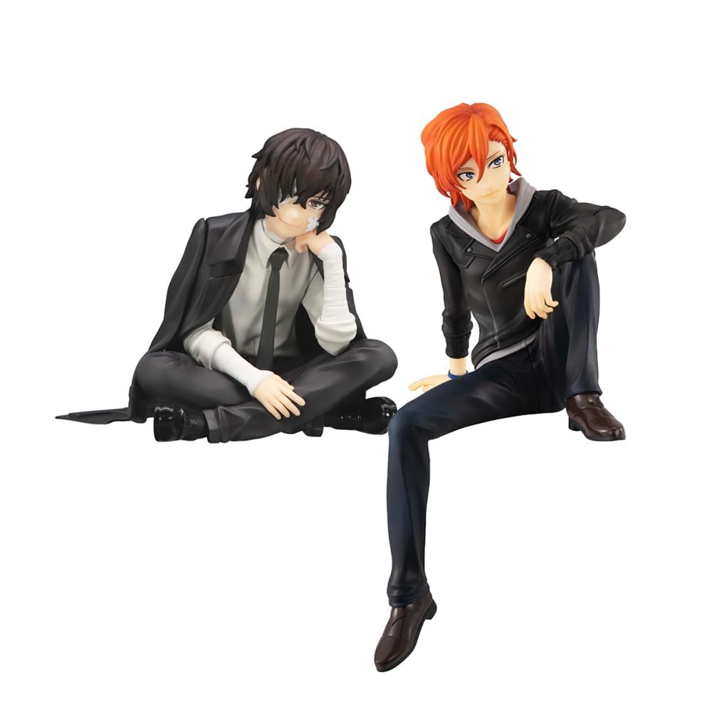 Puruuige 2PCS Nakahara Chuuya/Dazai Osamu Anime Figure Dazai Osamu Noodle Stopper Figurine Sitting Pose Character Model Desktop Decoration, 5.5 inch