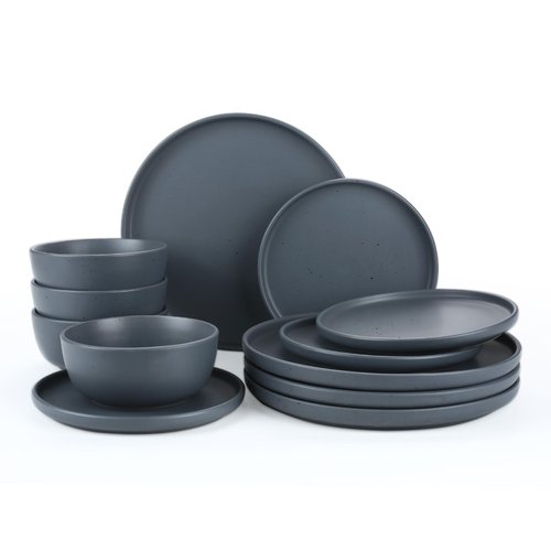 Famiware Dawn Plates and Bowls Sets, 12 Pieces Stoneware Dinnerware Sets, Dishes Set for 4, Microwave and Dishwasher Safe, Speckled Charcoal