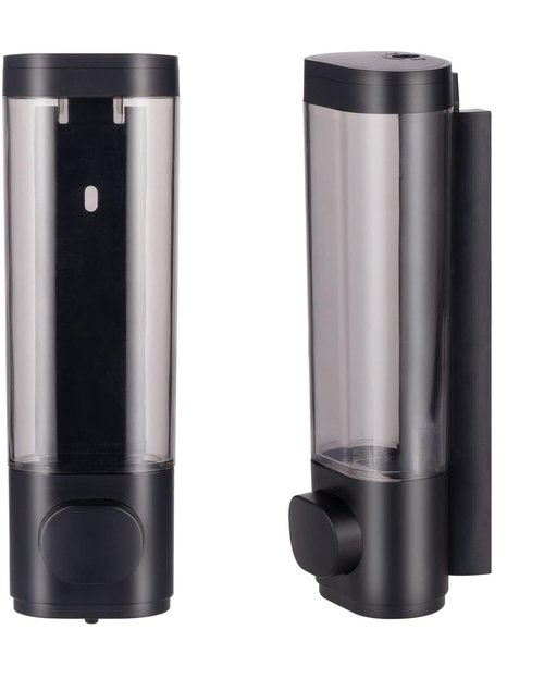 Manual Bathroom Wall Mounted Soap Dispenser, 10oz/300ml Single Black Bathroom Shampoo and Conditioner Dispenser, Clear Plastic Refillable Liquid Lotion Pump Dispenser and Organizer