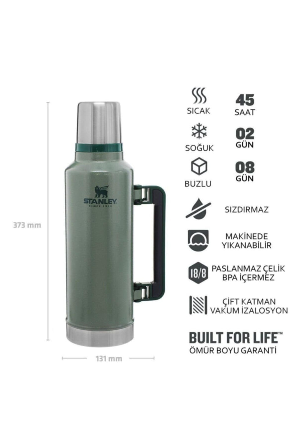Stanley Classic Vacuum Insulated Wide Mouth Bottle - Hammertone Green - BPA-Free 18/8 Stainless Steel Thermos for Cold & Hot Beverages - 2.0 QT