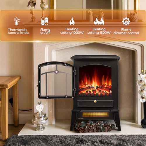 Electric Fireplace Heater with Thermostat Control, 15" Cathedral Stylish Small Fireplace Stove Heater, 3D Realistic Flame Effects, Overheating Safe Design