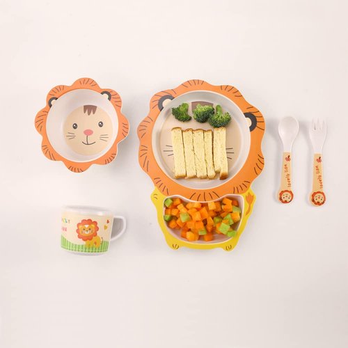 Fekdod Kids Dinnerware Set Bamboo 5 Pcs with Plate Bowl Cup Fork Spoon (Lion)
