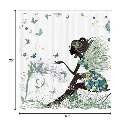 Ambesonne Fantasy Shower Curtain, Spring Girl Wings in a Floral Dress Surreal Garden Butterflies Print, Cloth Fabric Bathroom Decor Set with Hooks, 69" W x 70" L, Peacock Green